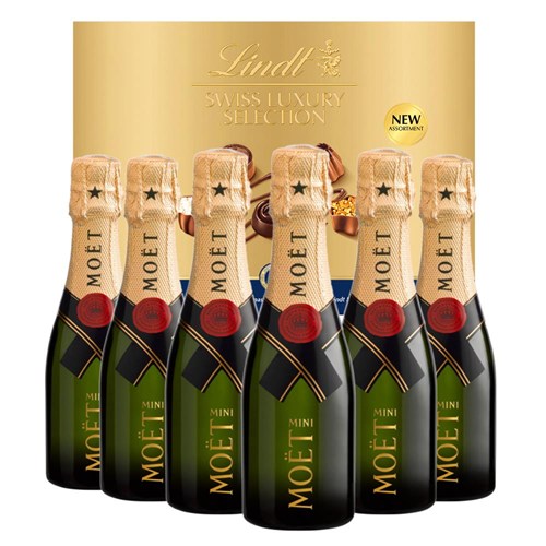 Mini Moet And Chandon Brut Champagne 20cl Case of 6 with Lindt Swiss Tradition Chocolates 193g